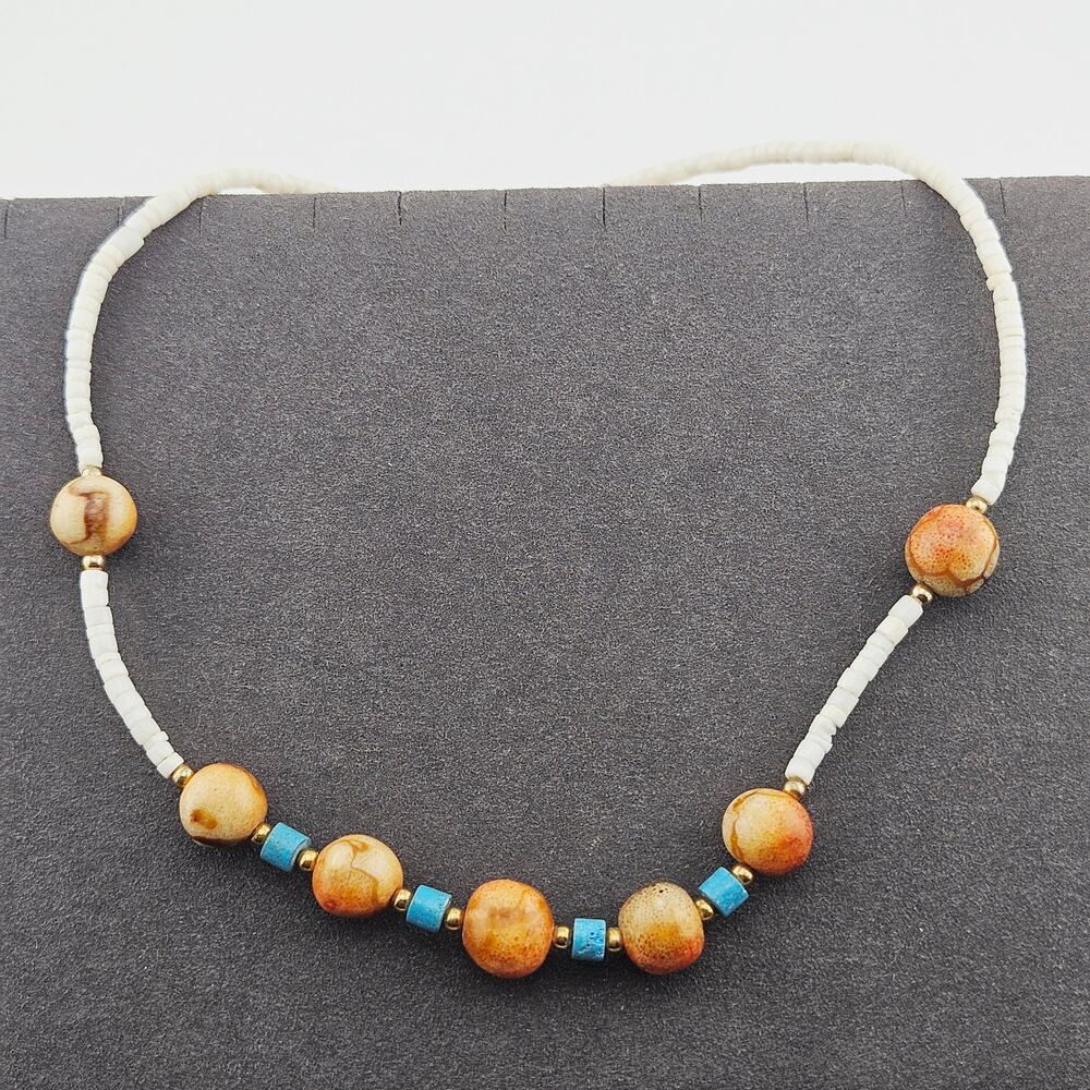 Beaded Choker Necklace White Brown Turquoise Surfer Beachy Islander Granola Girl